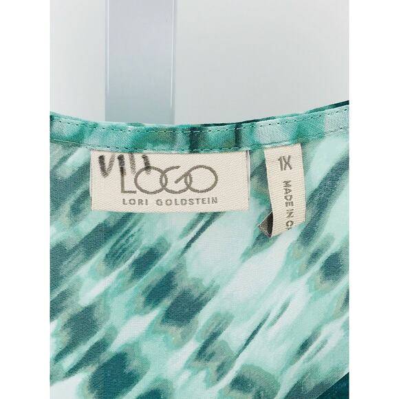 LOGO by Lori Goldstein Plus Green Knit Top W/ Printed Chiffon Shoulder Detail 1X - Picture 3 of 5